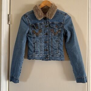 Y2K Rhinestone Blue Denim Sherpa Faux Fur Jacket